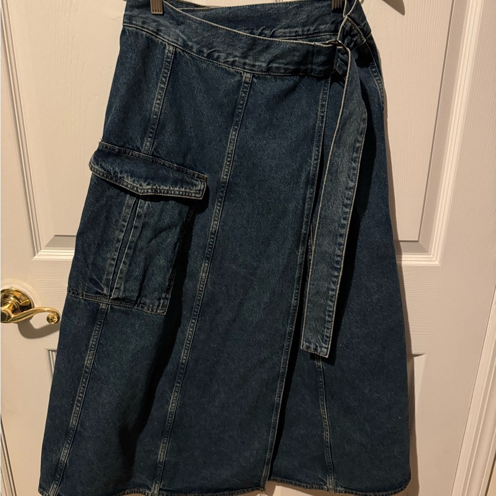 Zara Dark Denim A-Line Wrap Skirt with Side Pocket